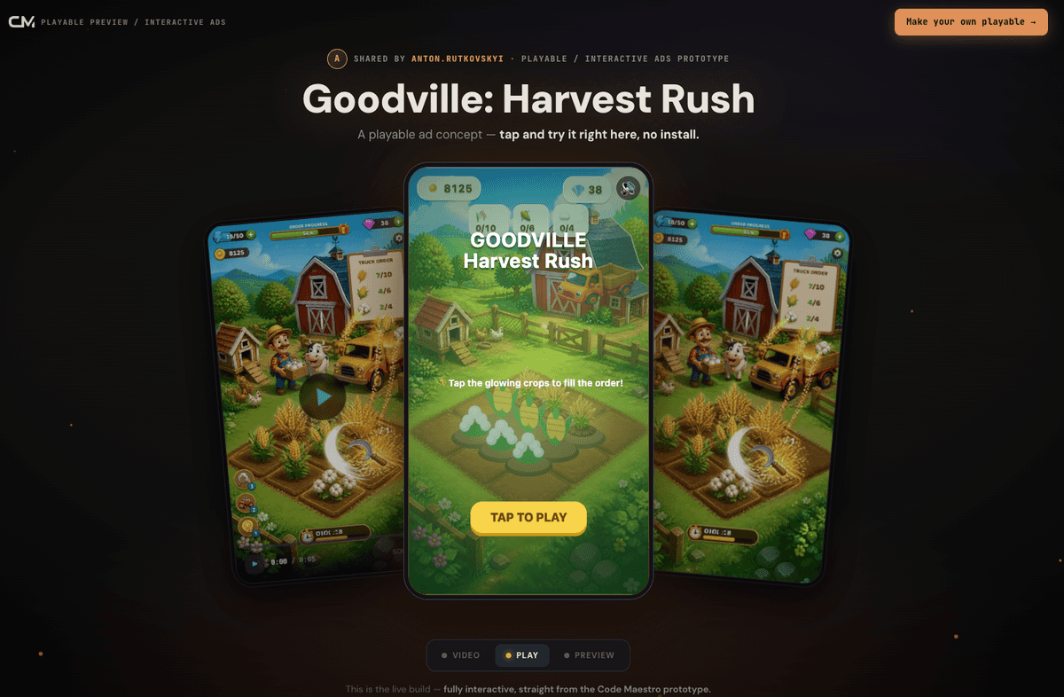 Multiple playable ad concepts generated side by side for testing
