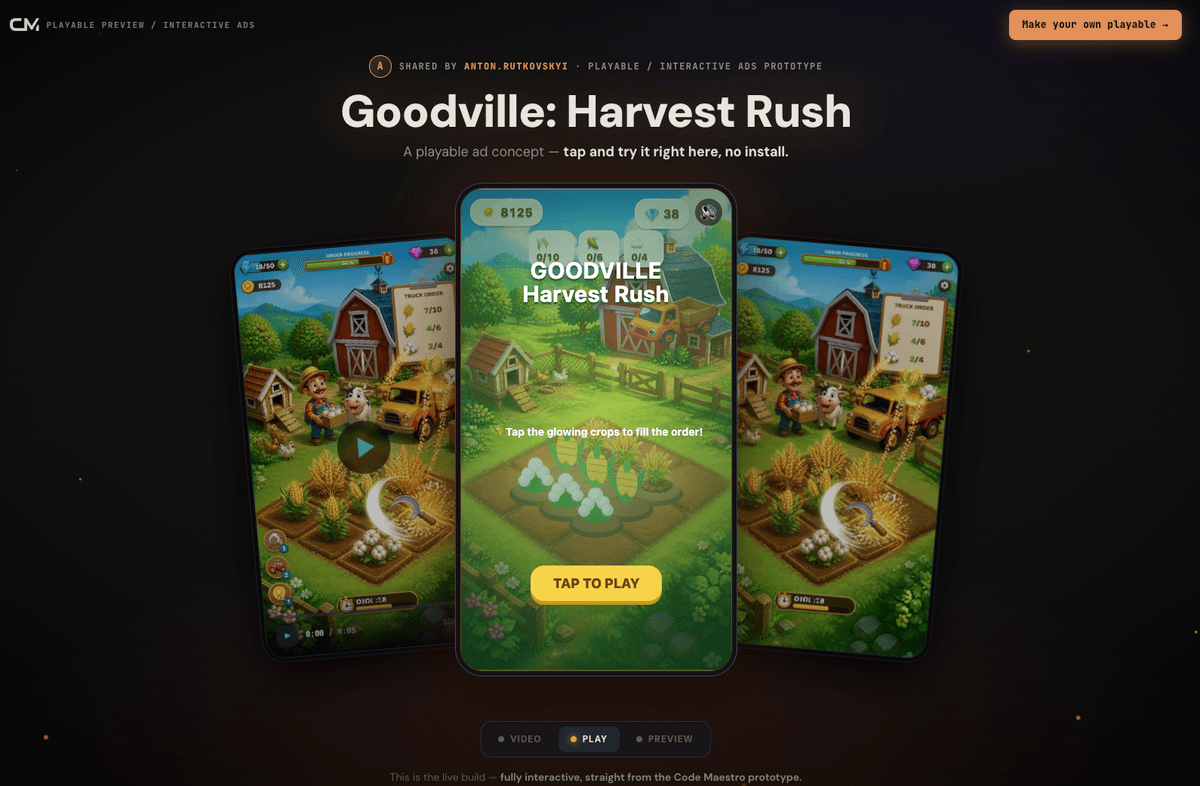 Multiple playable ad concepts generated side by side for testing