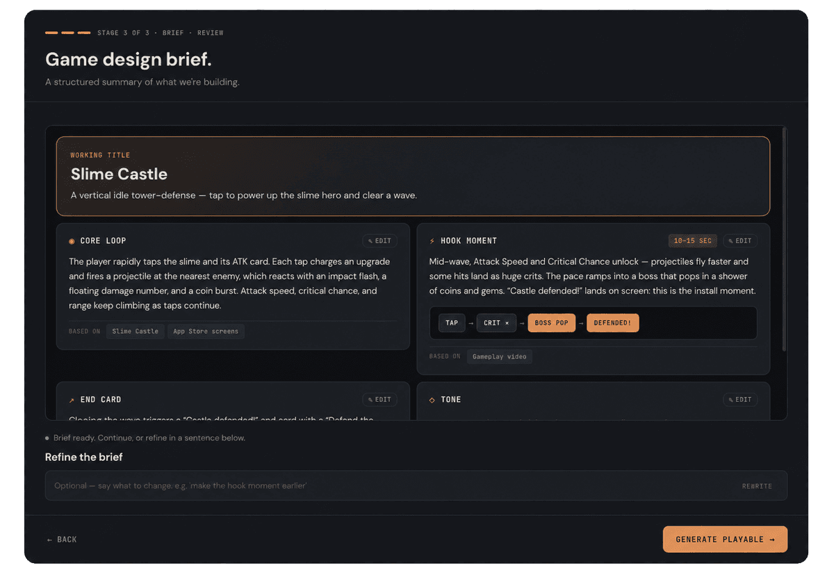 Structured creative brief generated from a few guided questions, open for editing